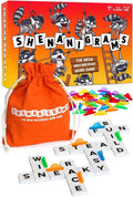Shenanigrams word game set with orange drawstring bag and letter tiles
