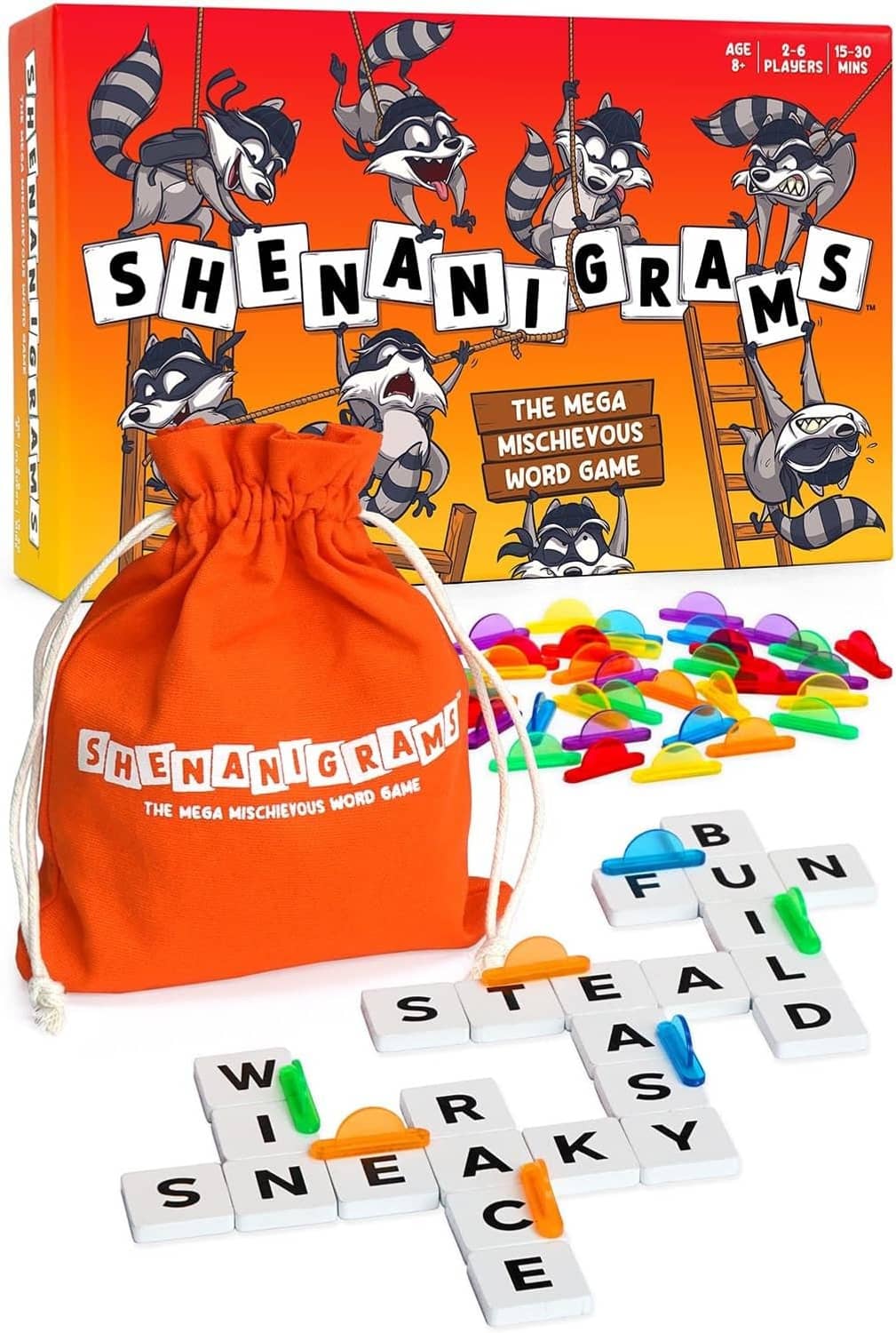 Shenanigrams word game set with orange drawstring bag and letter tiles