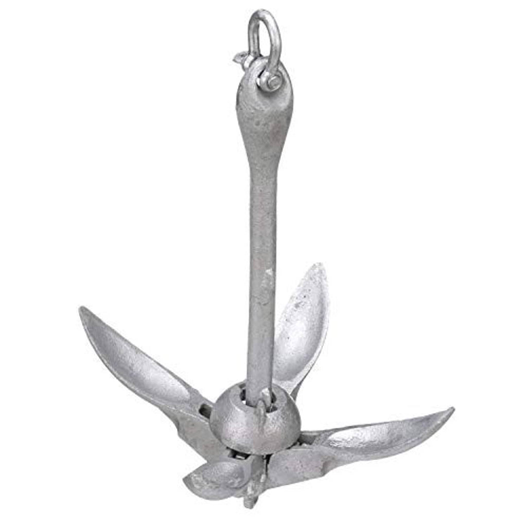 Folding grapnel anchor with three visible curved flukes and top lifting ring