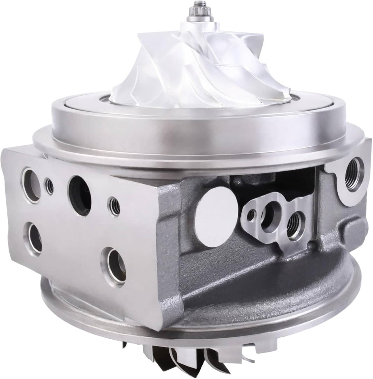 Turbo cartridge turbocharger, side view with metal housing, ports, and white turbine vanes