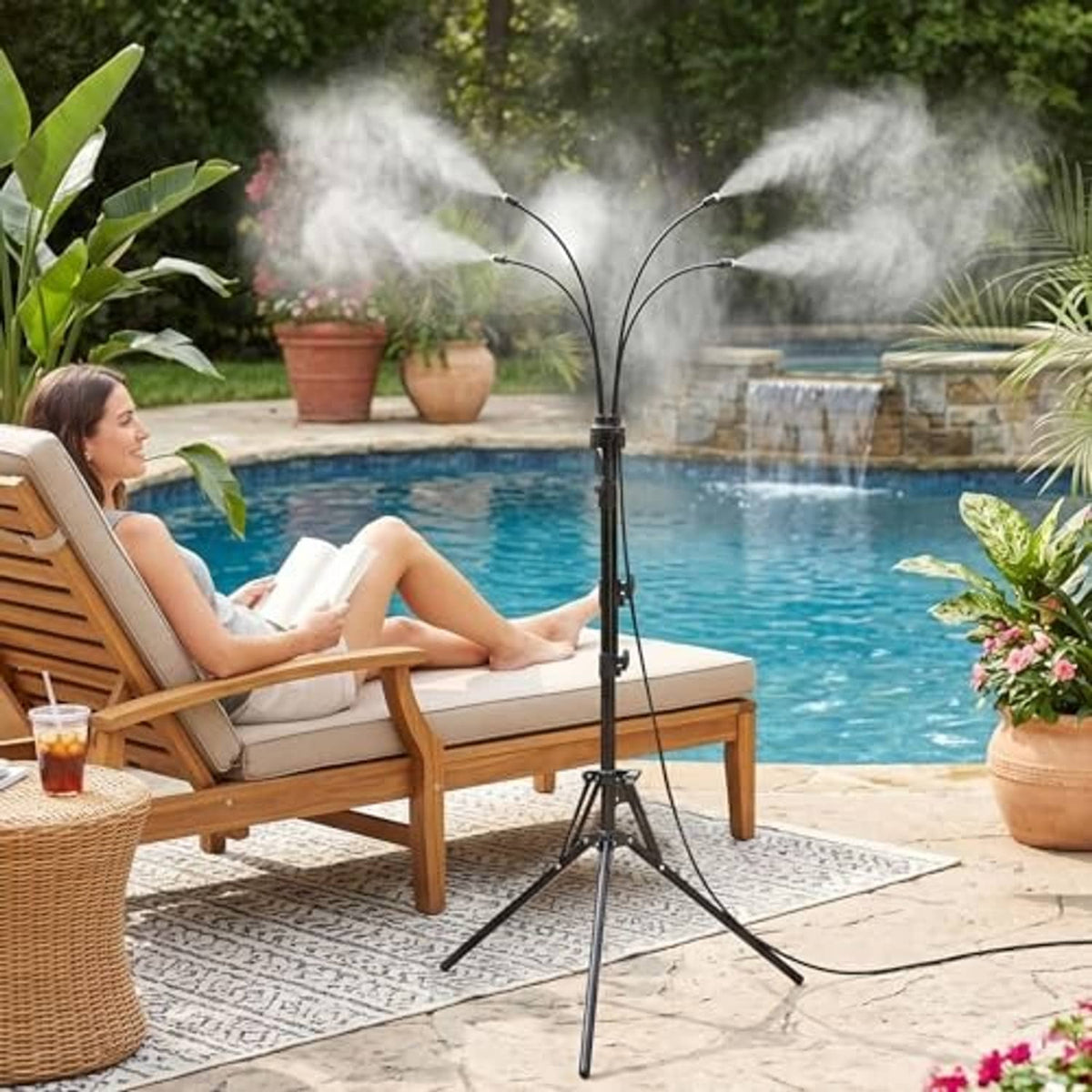 Outdoor standing misting sprinkler tripod spraying fine mist near patio seating