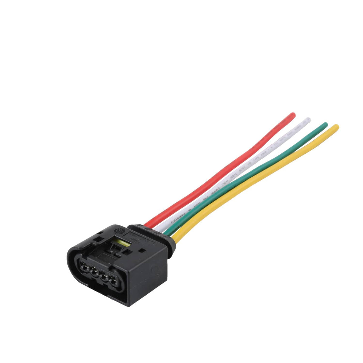 Black electrical connector with red, yellow, green, and white wire leads
