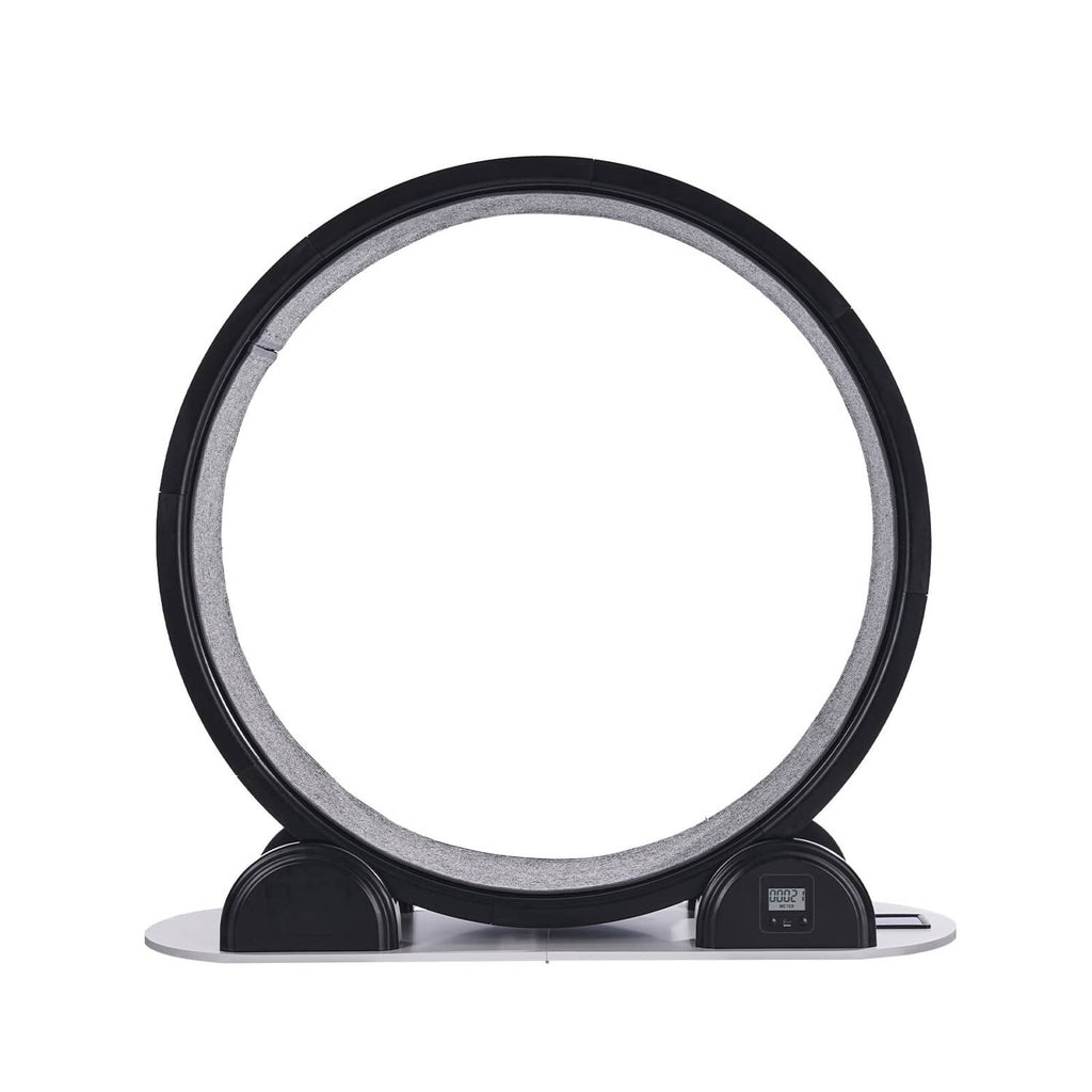 Black cat exercise wheel with grey tread ring and two front support feet