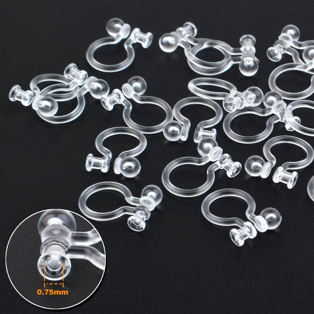 Clear clip-on earring converters close-up, curved resin hooks with transparent posts