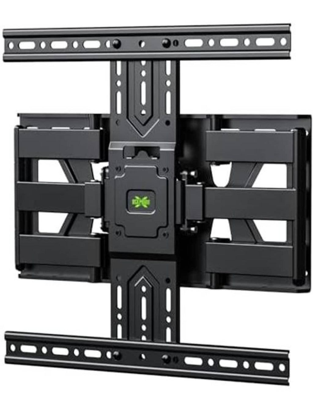 Black TV wall mount bracket with VESA plate, swivel arms, and slim rails