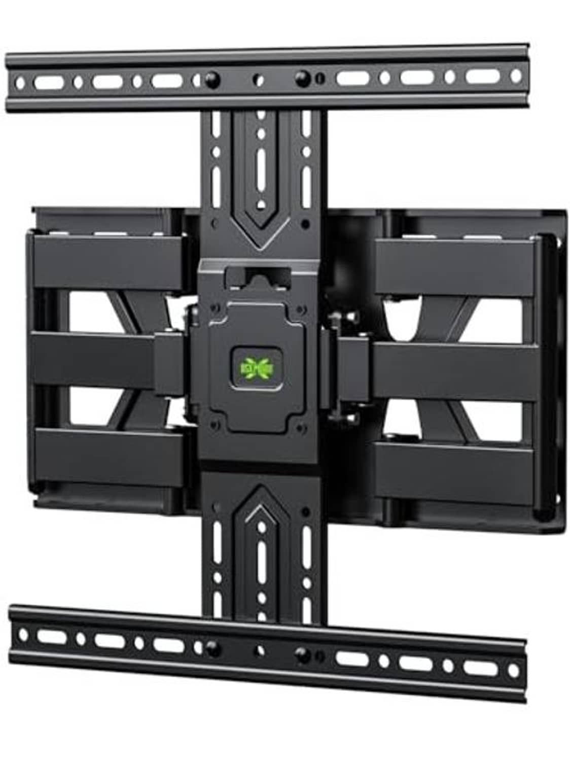 Black TV wall mount bracket with VESA plate, swivel arms, and slim rails