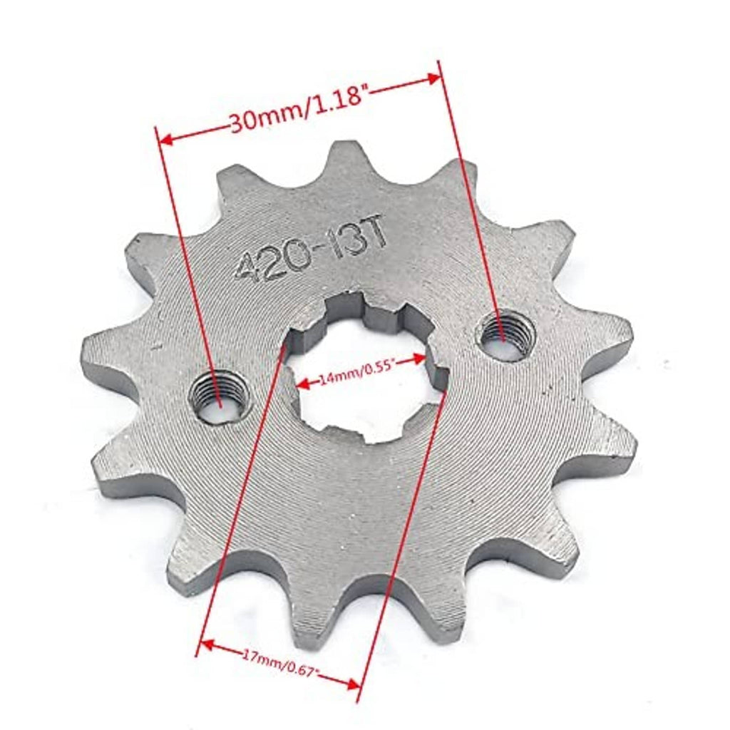 420 13T front sprocket close-up with five teeth bays and center mounting hole