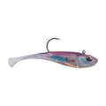 Purple and blue soft plastic fishing bait with silver tail and hook