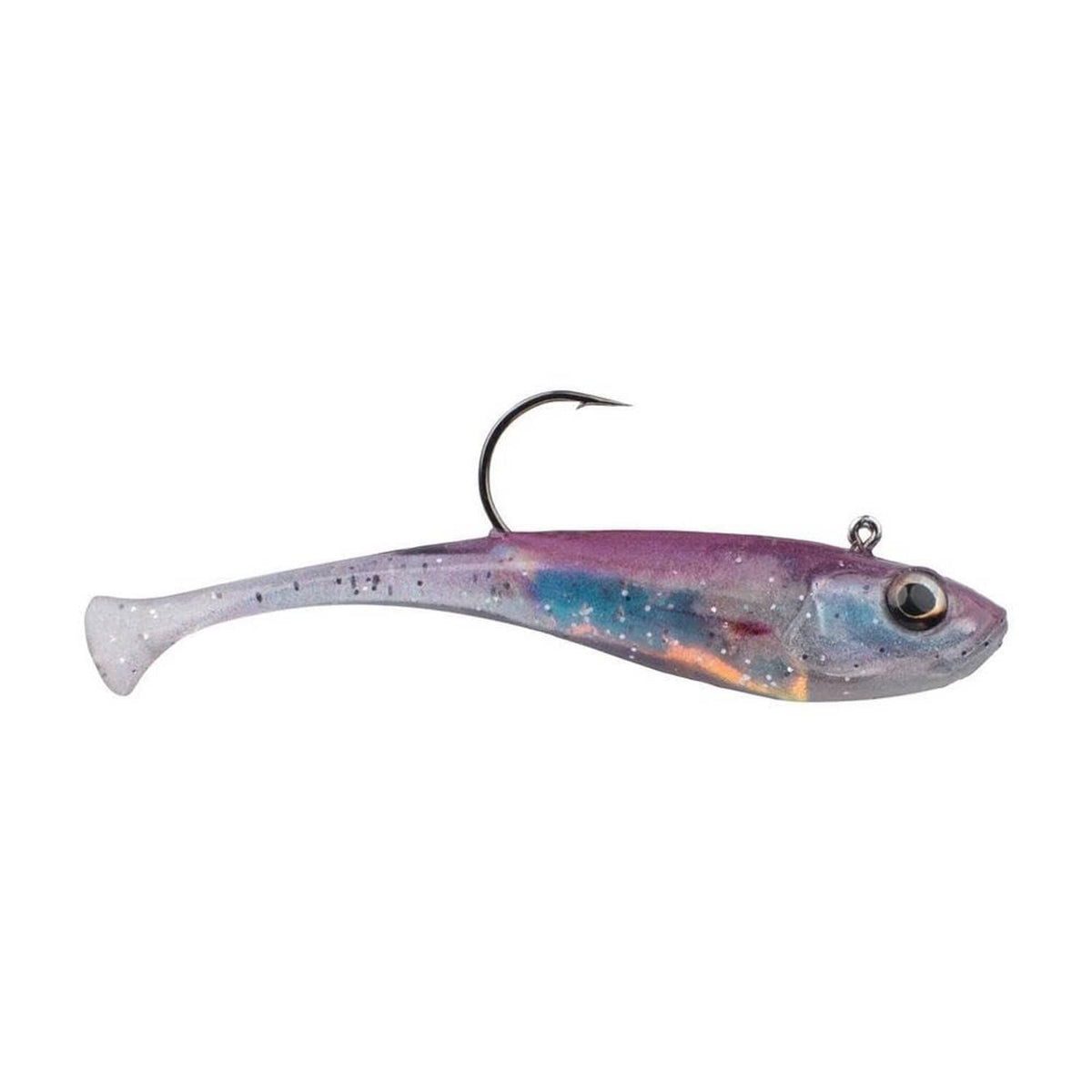 Purple and blue soft plastic fishing bait with silver tail and hook