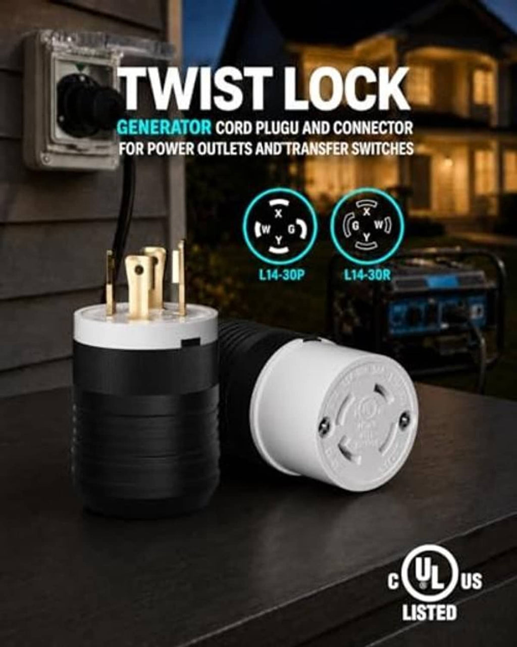 Twist-lock generator cord plug and connector on a tabletop, white faces, black ribbed shells