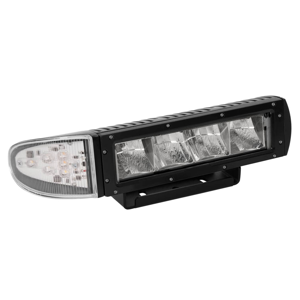 LED plow headlight with black light bar housing, clear rectangular lens, white side lens