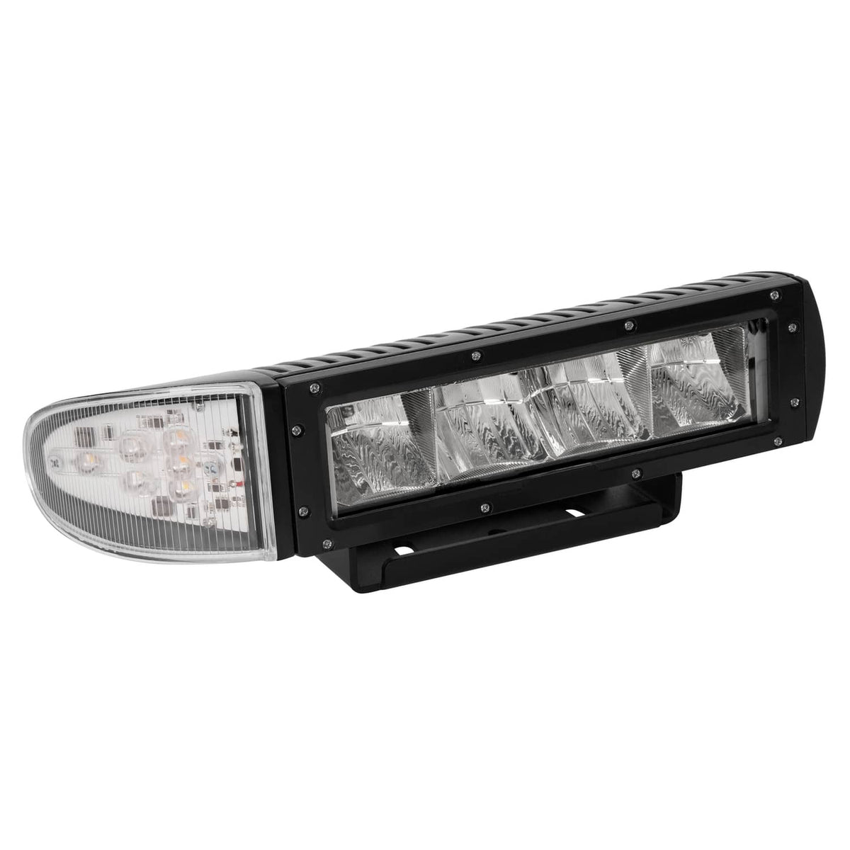 LED plow headlight with black light bar housing, clear rectangular lens, white side lens