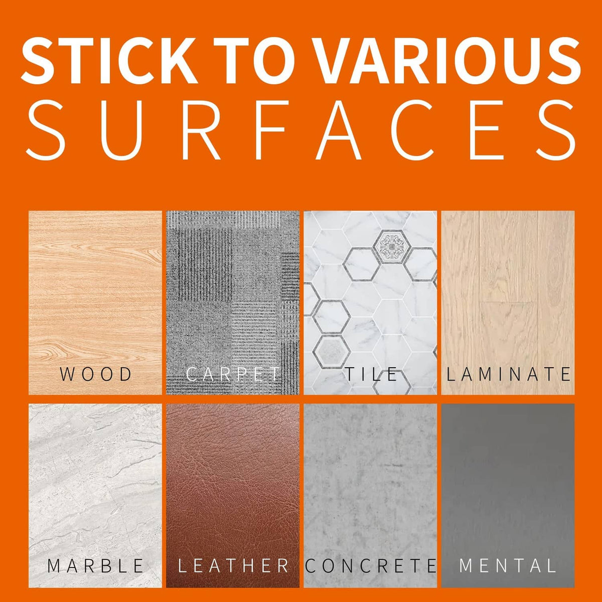Carpet tape surface compatibility graphic for wood, tile, marble, and more