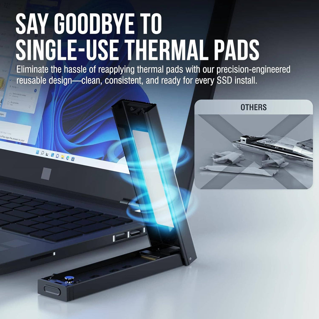 M.2 NVMe/SATA SSD enclosure installed in a laptop bay with cooling airflow effect