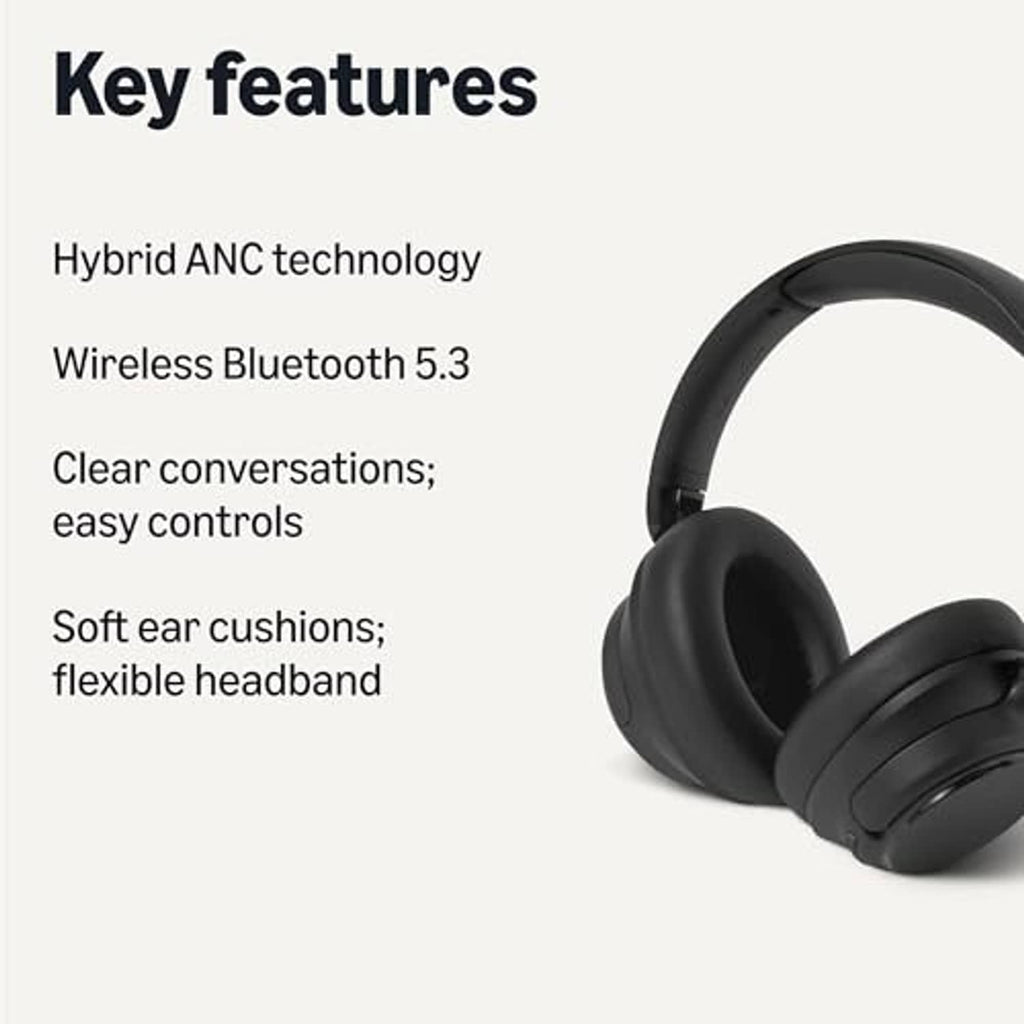Black over-ear wireless headphones with cushioned headband and ear cups