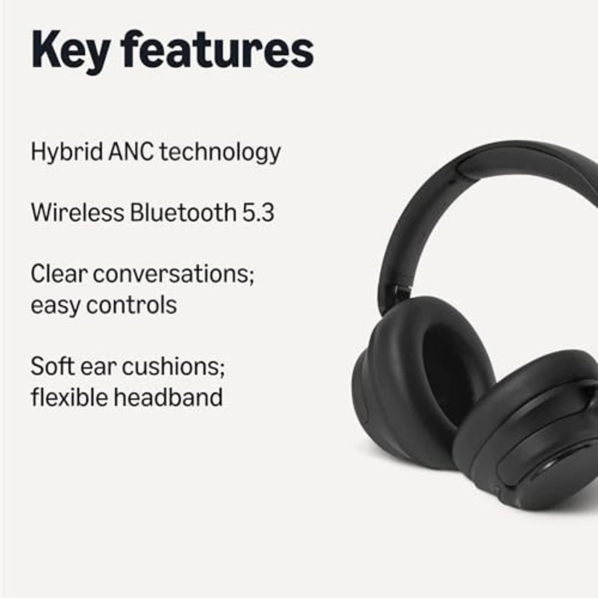 Black over-ear wireless headphones with cushioned headband and ear cups
