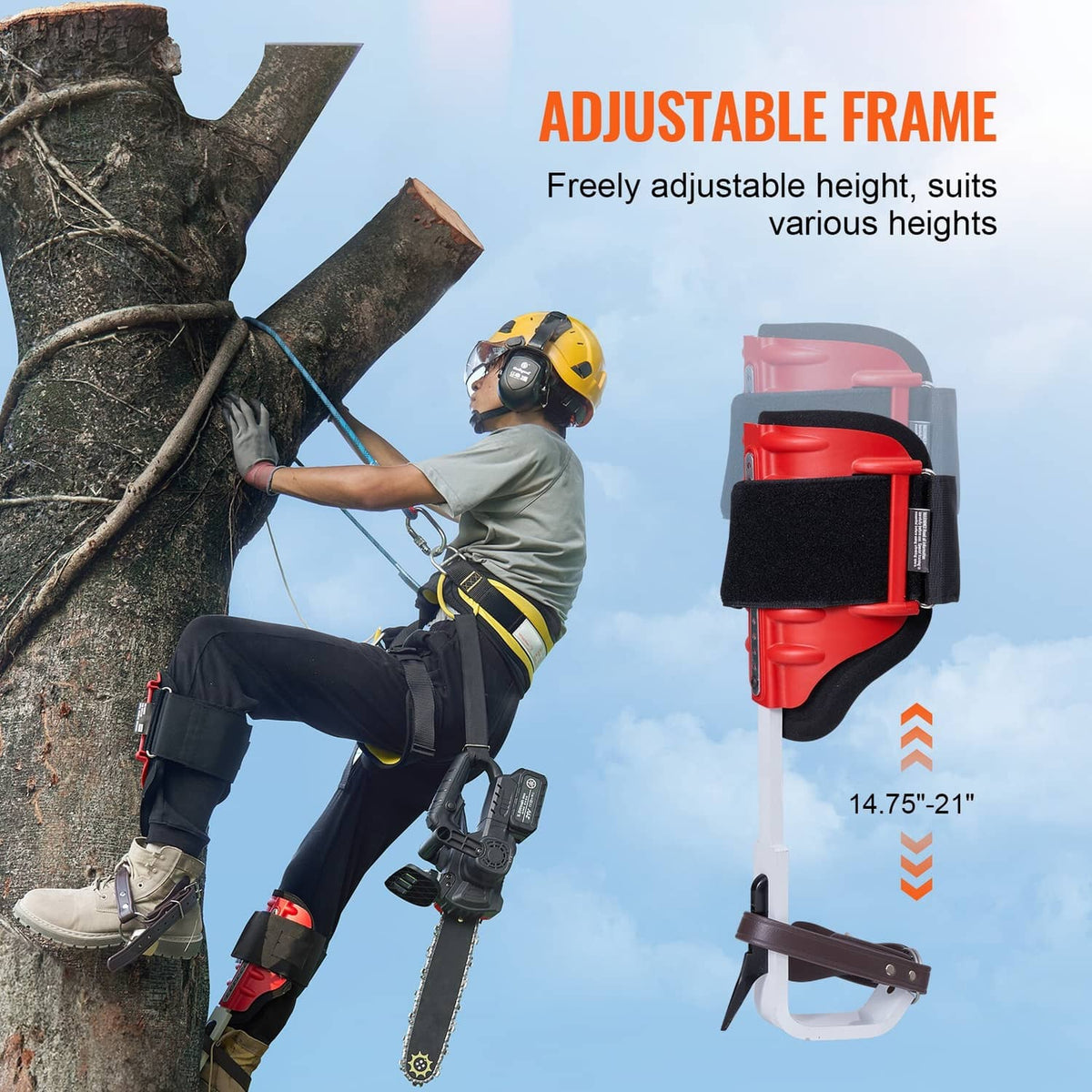 Adjustable tree climbing spikes set with red and white frame, black padding, and brown support bar
