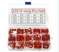 Red silicone O-ring assortment box with 225 rings in 15 sizes