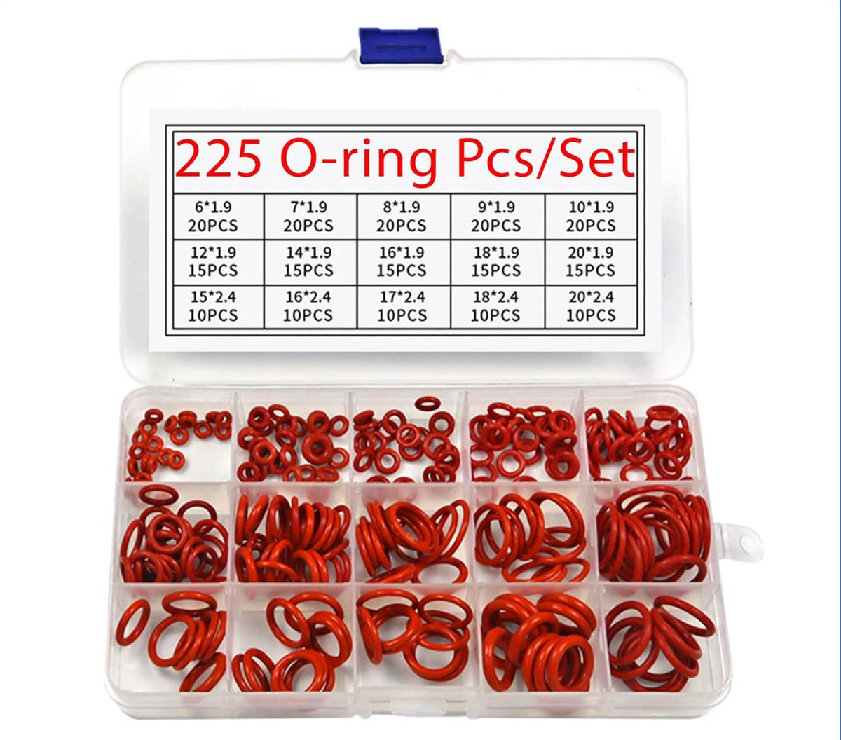 Red silicone O-ring assortment box with 225 rings in 15 sizes