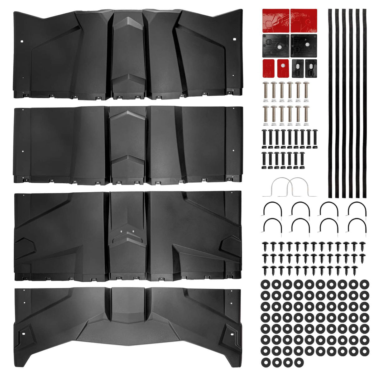 Black plastic roof top assembly pieces shown as a four-piece set with hardware