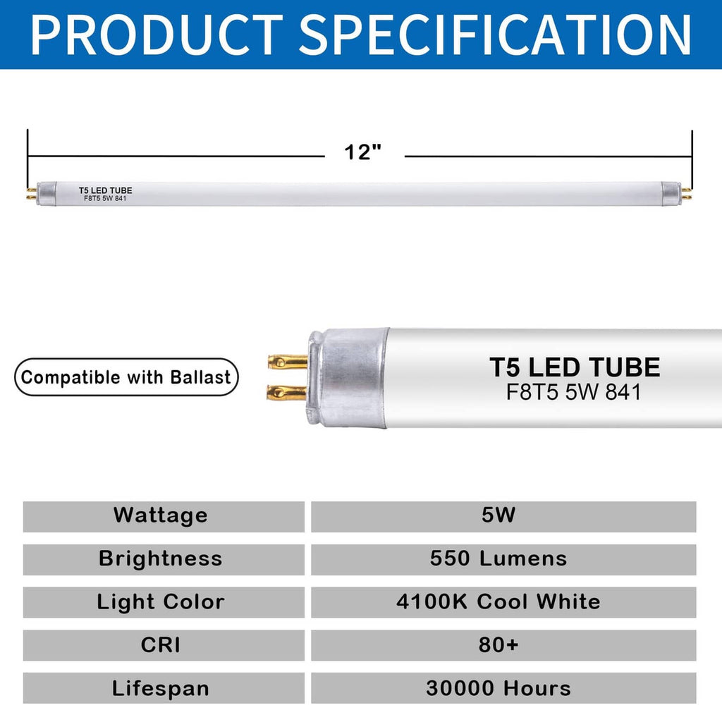 12 in T5 LED tube with gold pin ends; ballast-compatible design