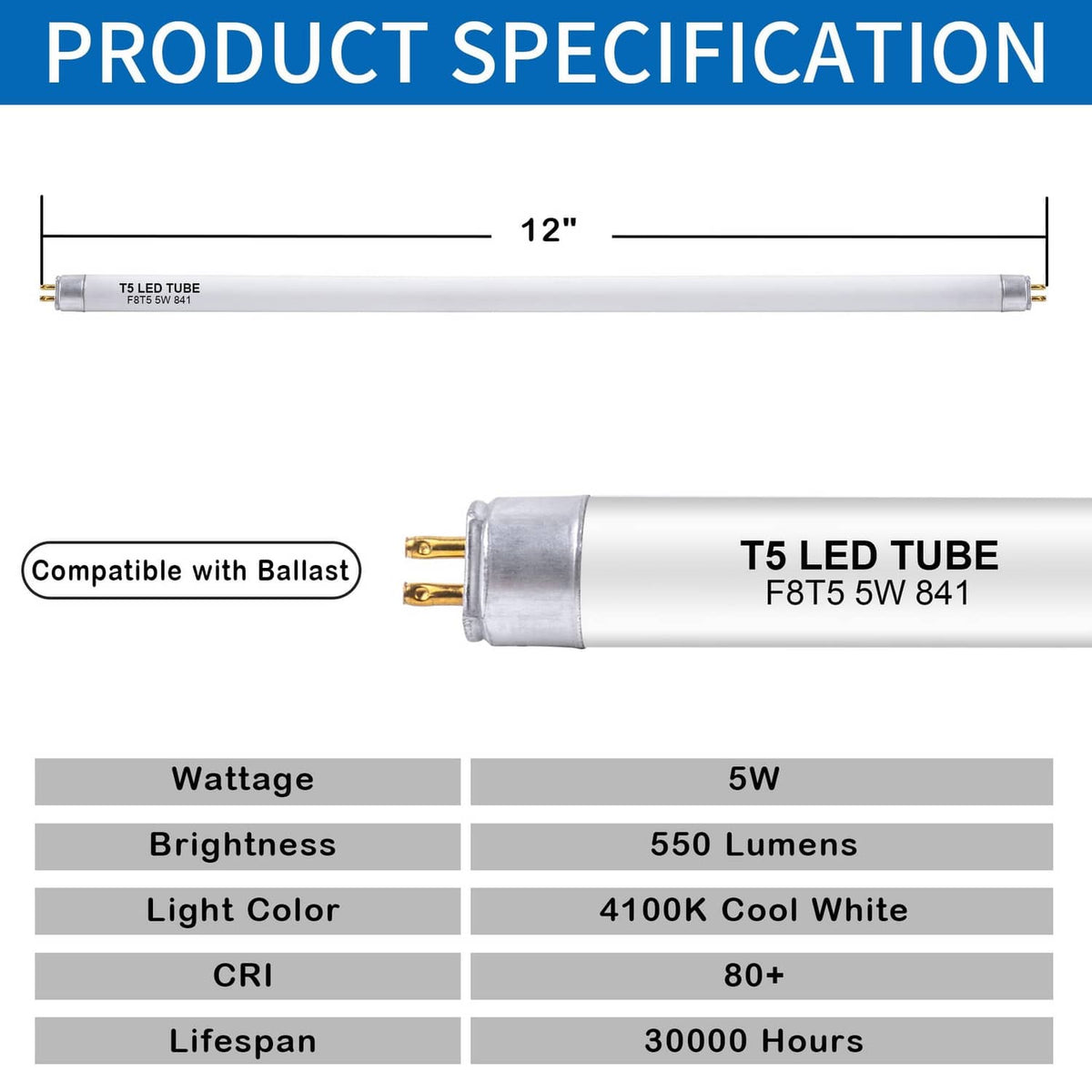 12 in T5 LED tube with gold pin ends; ballast-compatible design