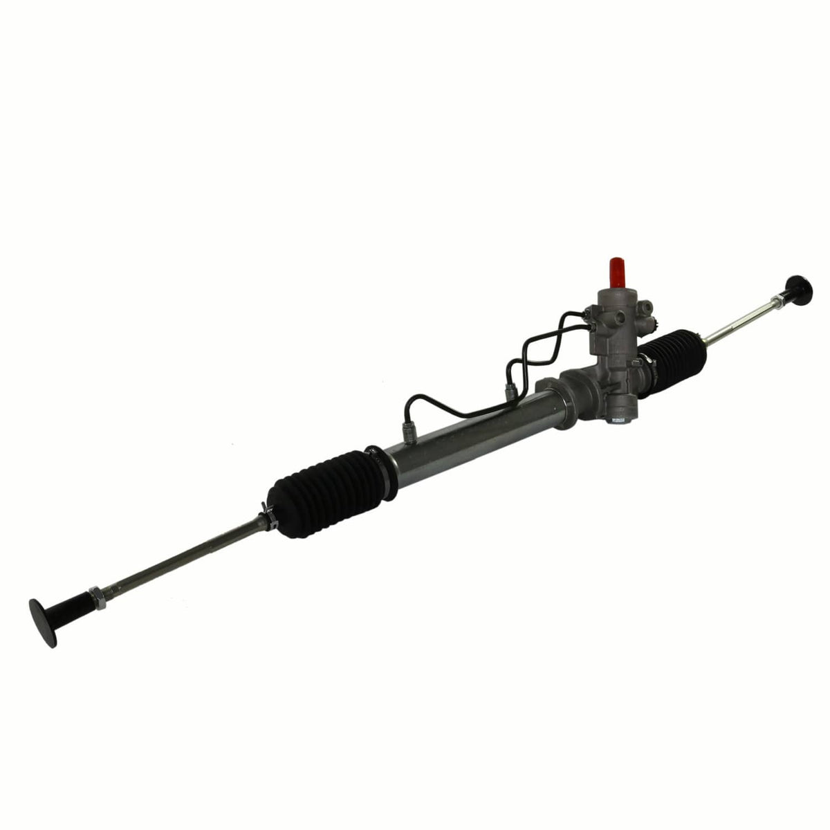 Power steering rack and pinion assembly with gray center housing, black boots, and steering links