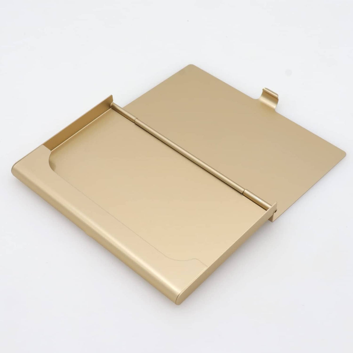 Gold aluminum business card holder open flat, internal card holder bar visible