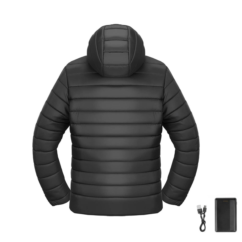 Black heated men’s soft shell puffer jacket with raised hood and full-length zipper