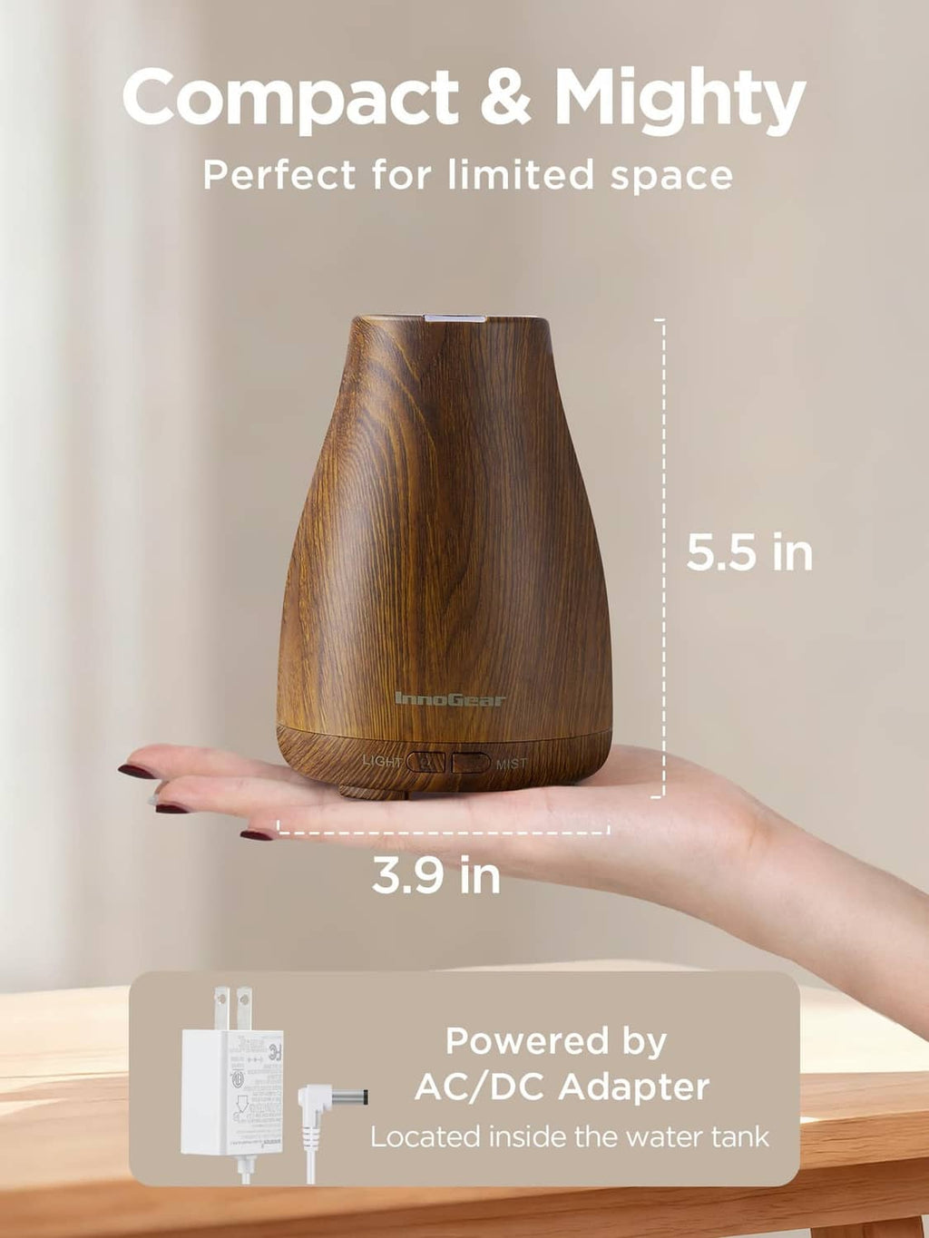 Bronze wood-grain essential oil diffuser, compact cone body with top mist outlet