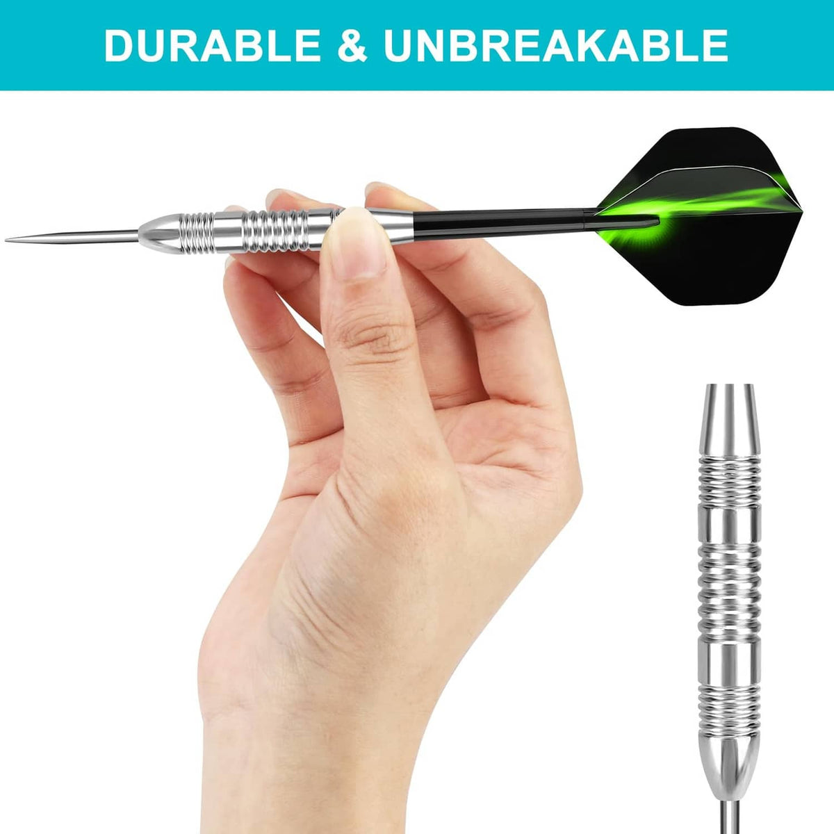 Metal-tip dart in hand with silver barrel and black flight with neon green flame detail