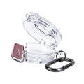 Transparent protective charger case with red charging port insert and black keyring clasp