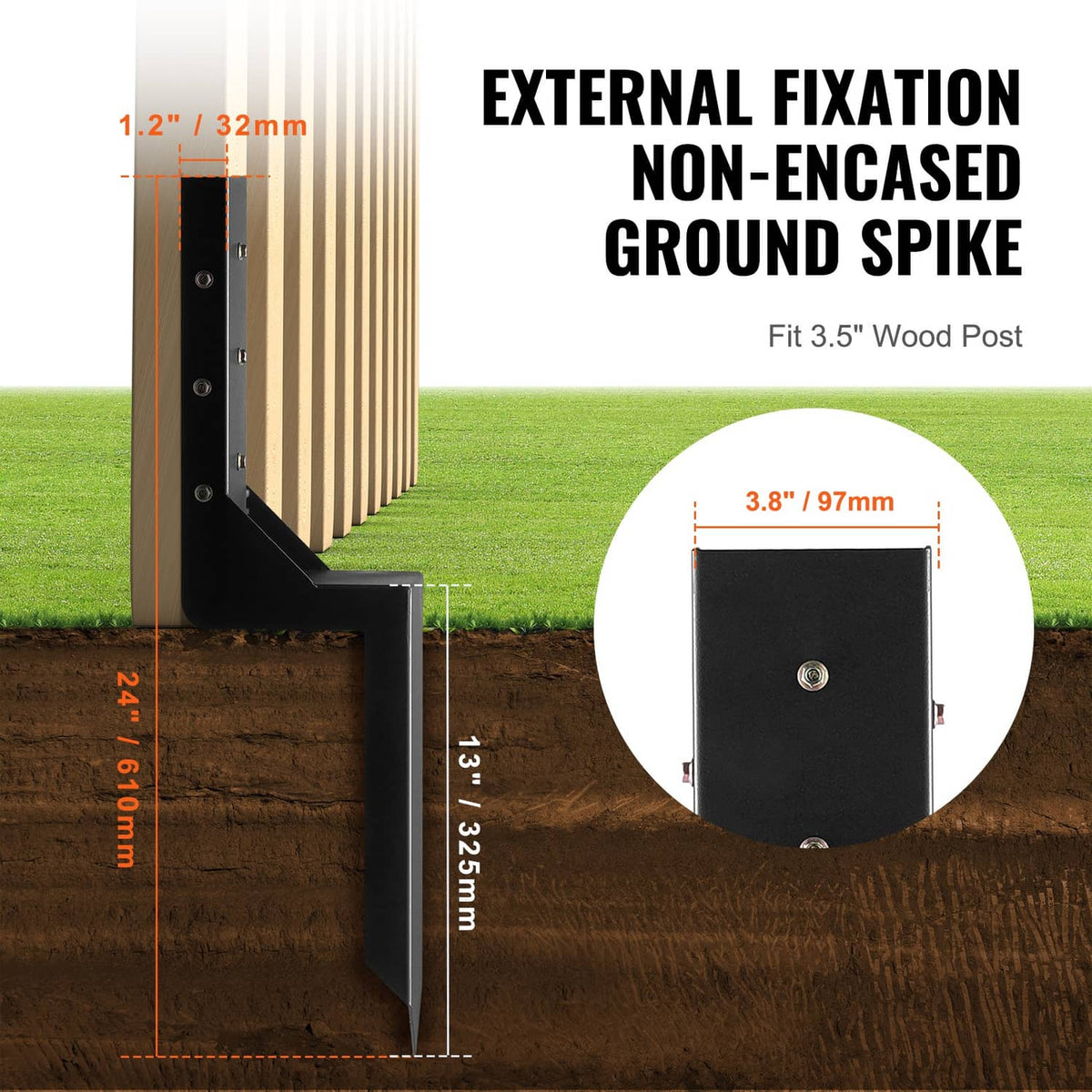 Black ground spike fence post anchors for 3.5 in wood posts, U-bracket base