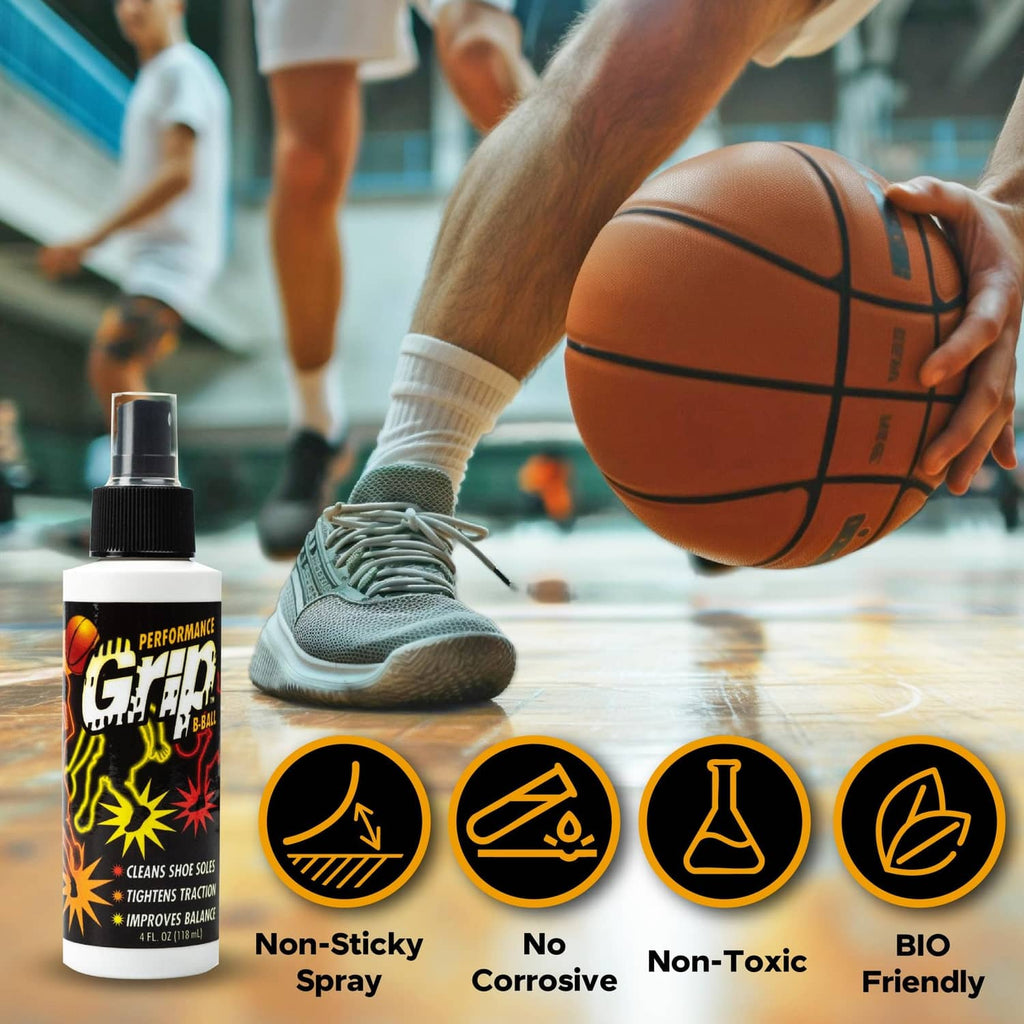 Performance Grip shoe sole spray bottle with icons for Non-Sticky, No Corrosive, Bio Friendly