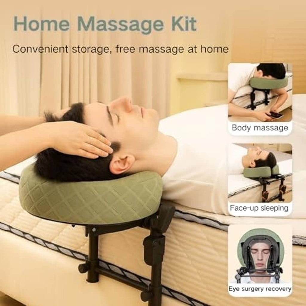 Green face massage pillow on adjustable headrest stand for bed use