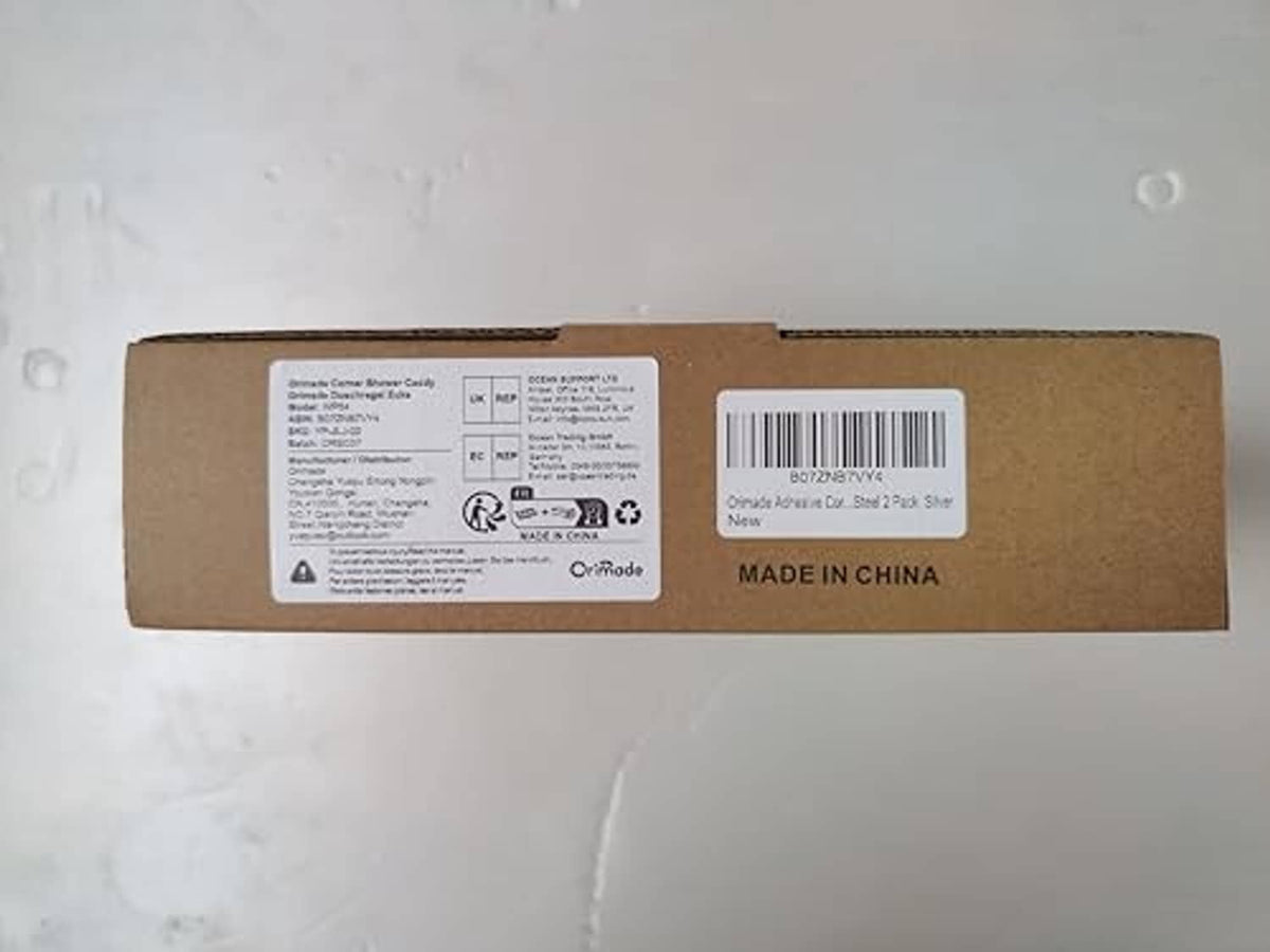 Orimade corner shower caddy box back with label and barcode