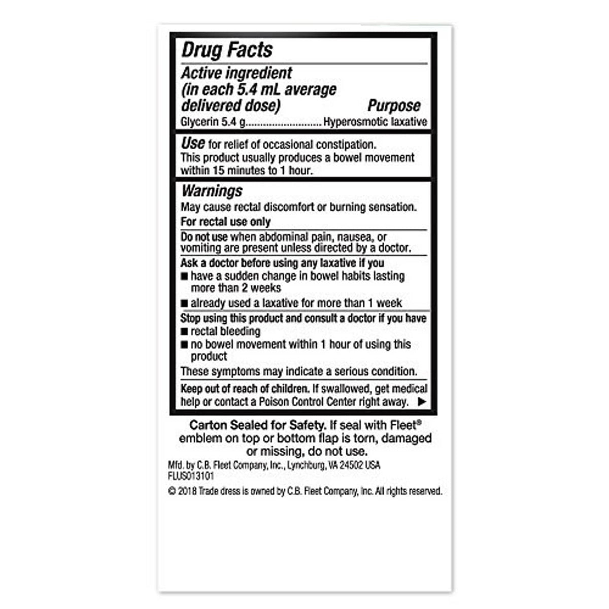 Fleet liquid glycerin suppositories Drug Facts label on sealed card