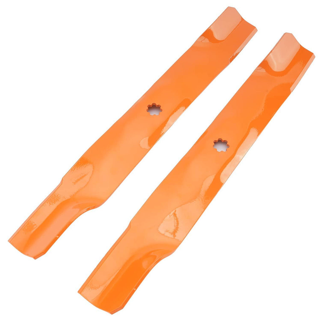 Two orange mower deck blades with center mounting holes