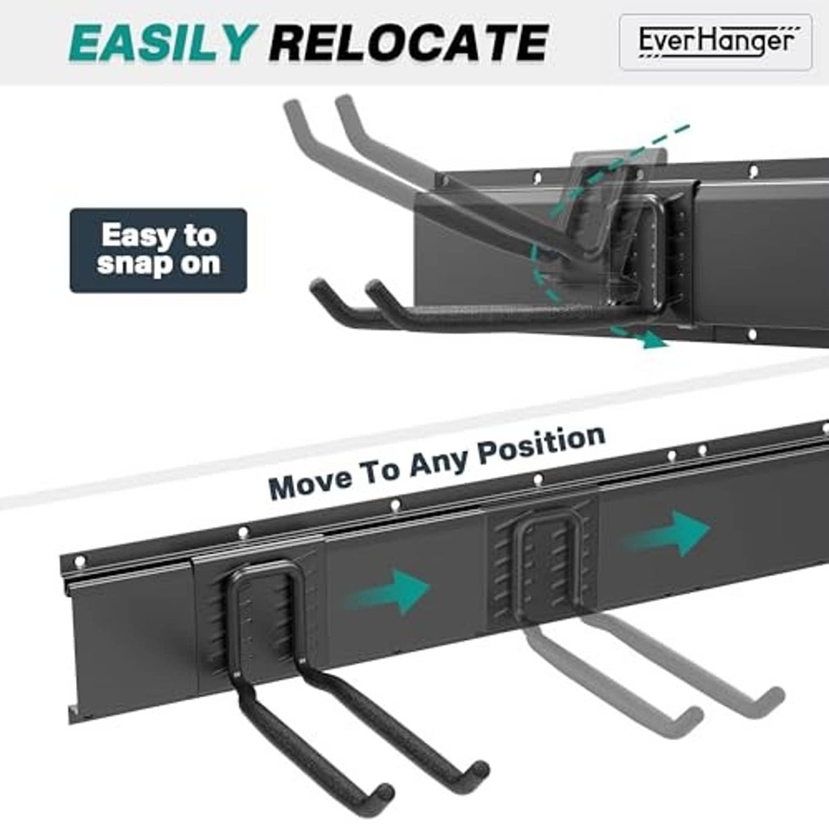 Black wall-mount tool rack showing modular hook positions along the rail