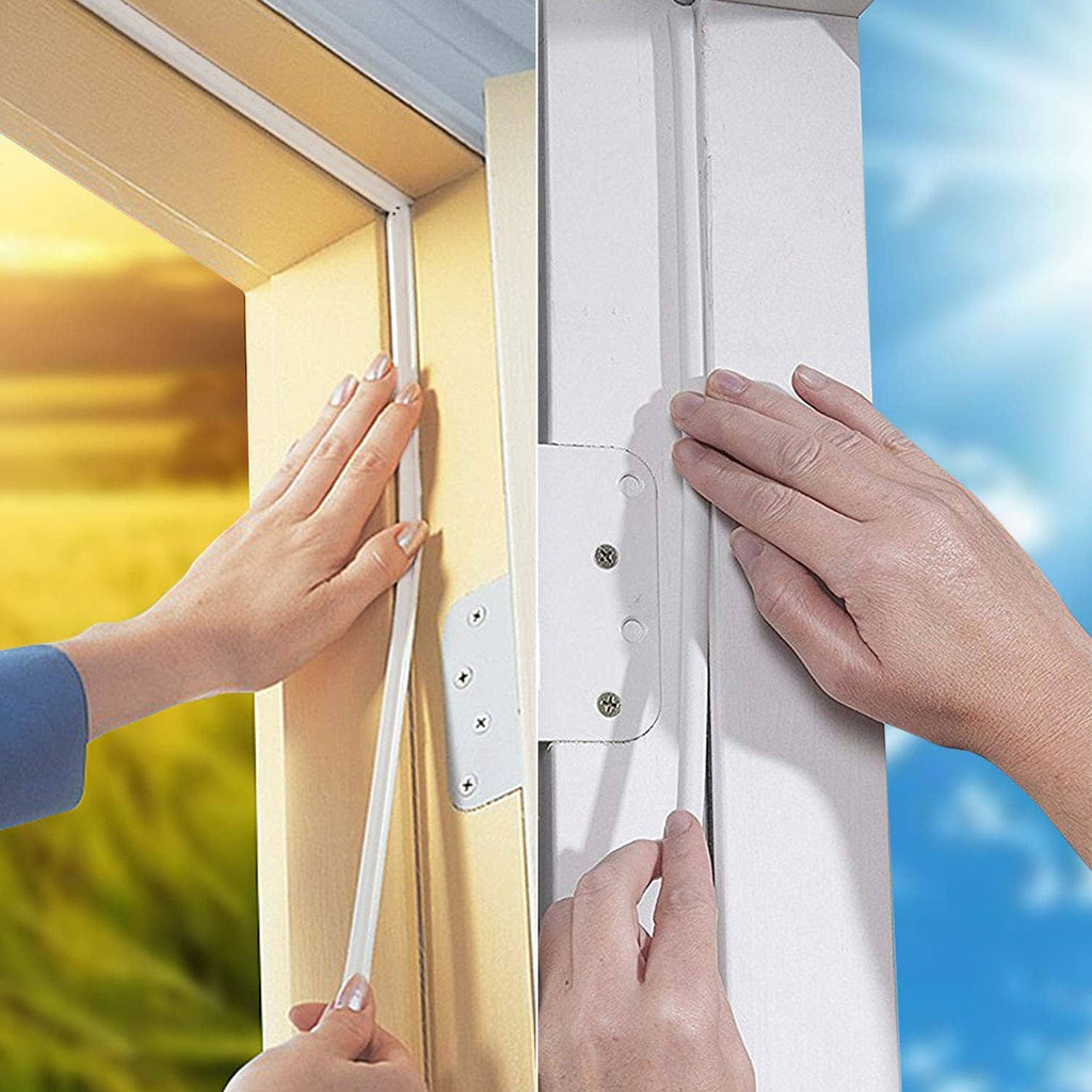 Door frame weather stripping applied along edge, foam strip with yellow stripe