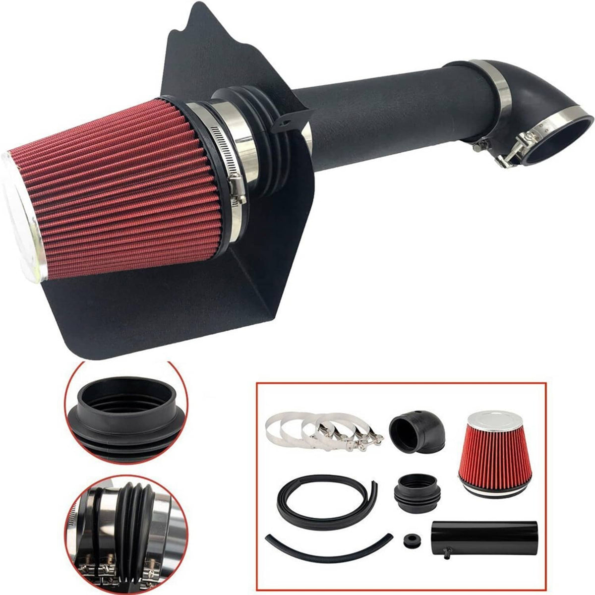 Red cone air filter cold air intake kit with black heat shield and intake tubing