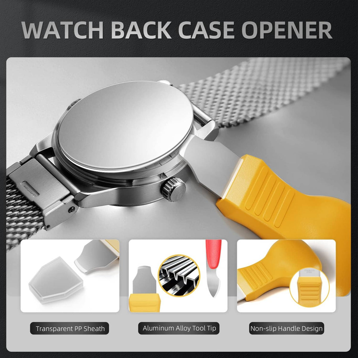 Watch back case opener tool with non-slip yellow handle and silver jaws.