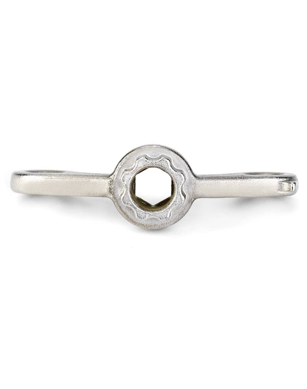 Silver wrench tool with central hex socket and long bar handles