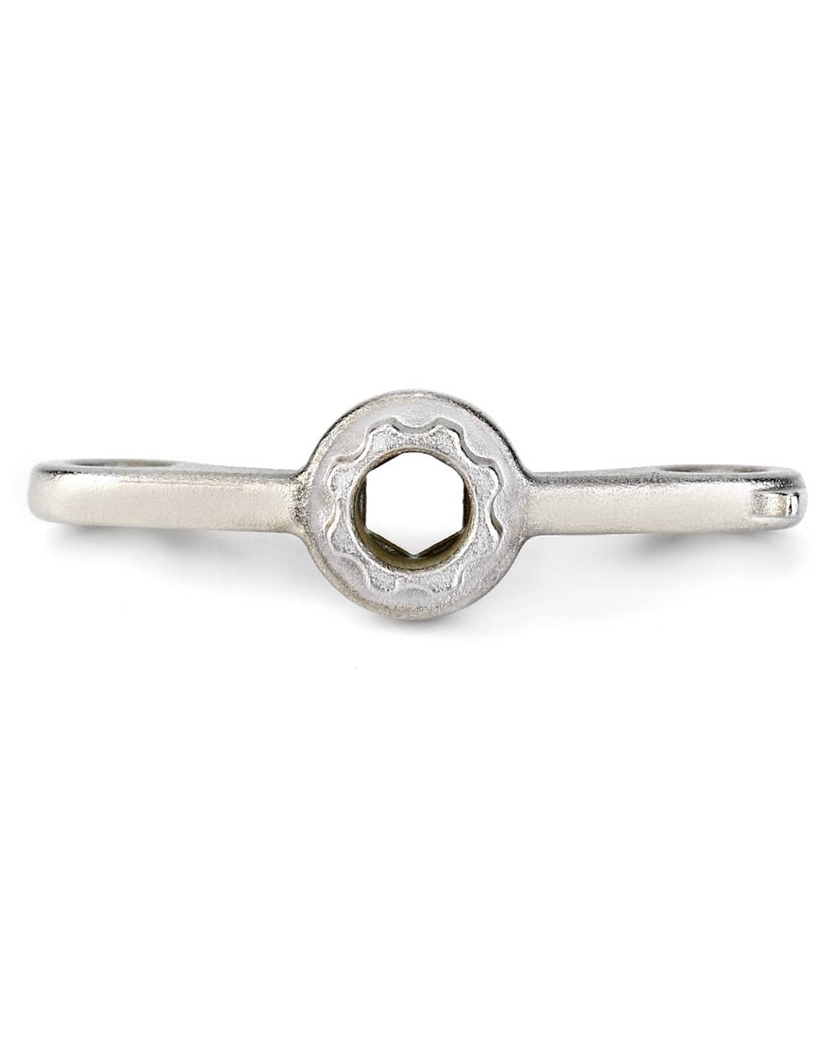 Silver wrench tool with central hex socket and long bar handles