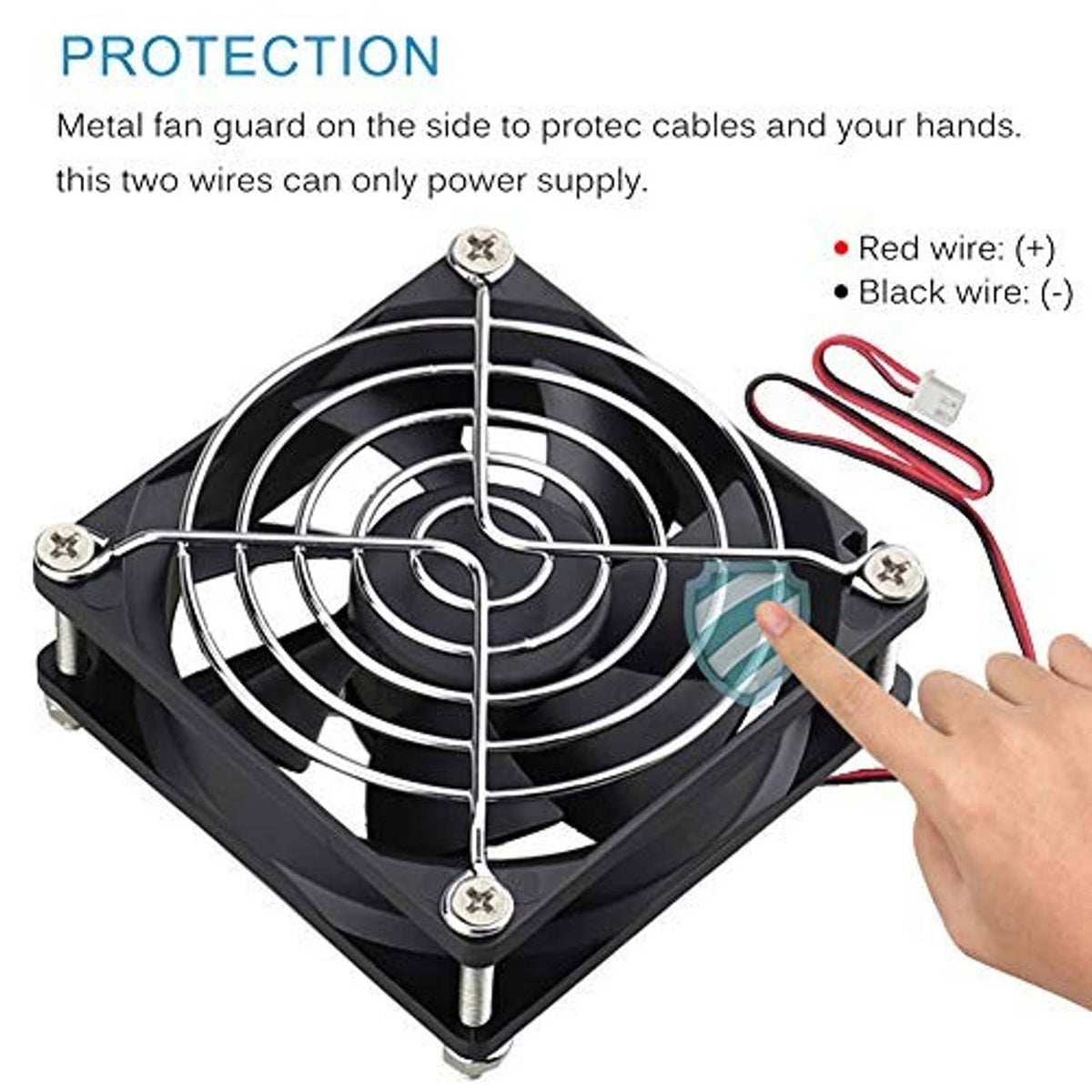 DC brushless cooling fan with metal fan guard and red/black wire leads