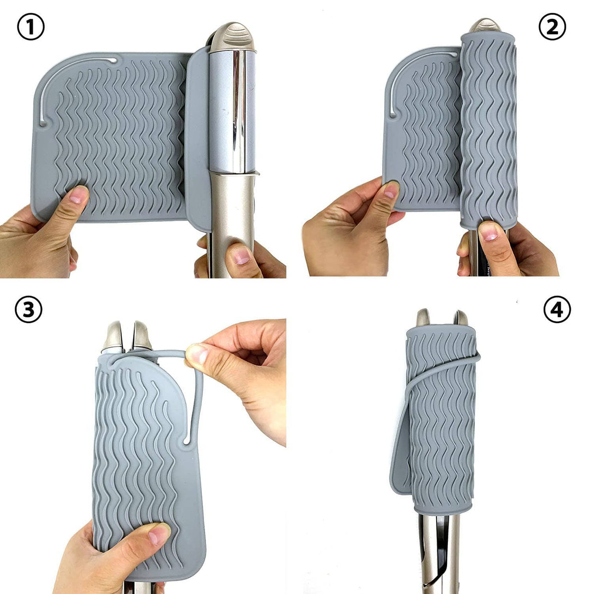 Gray heat mat with wavy ridges and tool stand slots, held against a curling iron