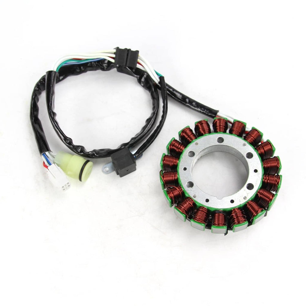 Generator stator kit with wire harness and two-pin connector beside circular coil assembly