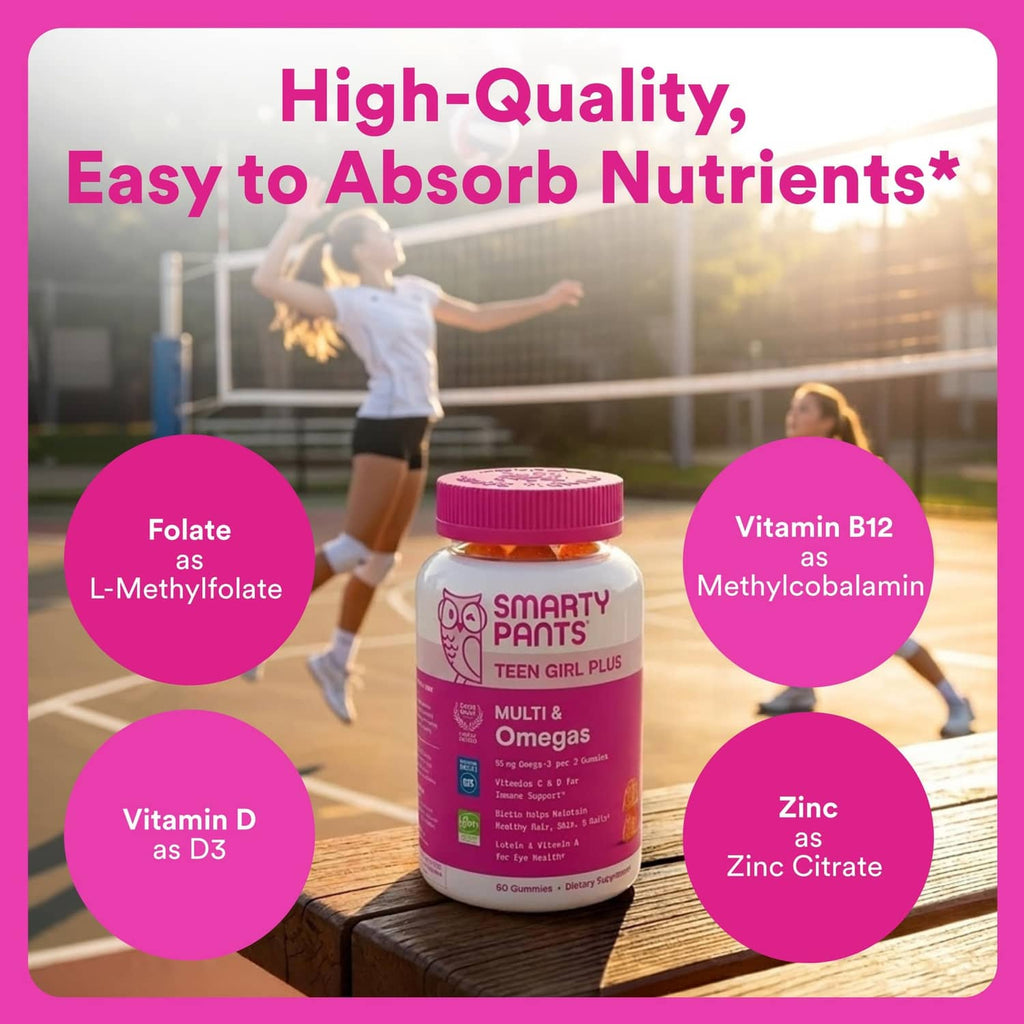 Pink multivitamin bottle with purple cap on a wooden surface with ingredient icons.