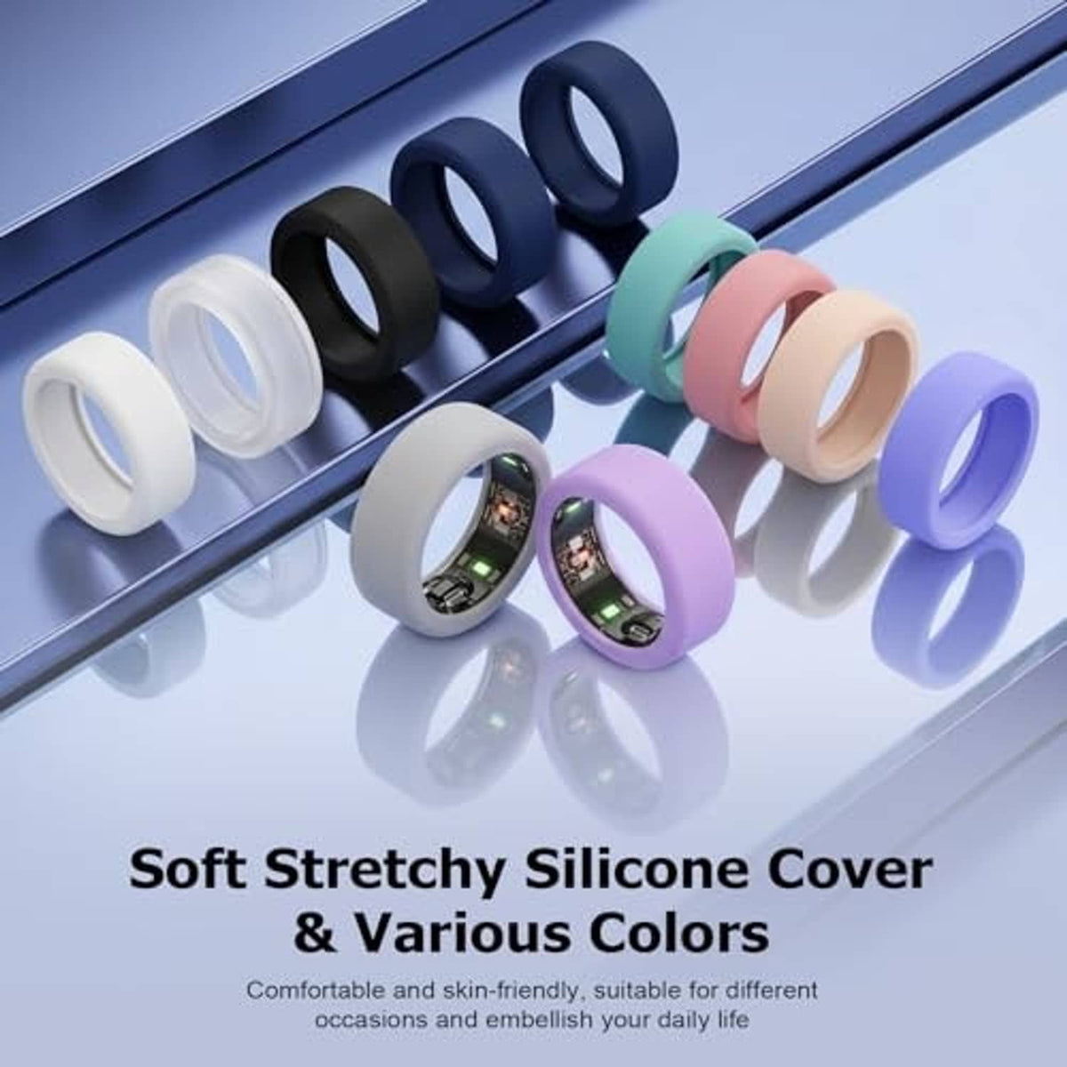 Soft stretchy silicone ring covers in various colors, including lilac, sage green, and navy