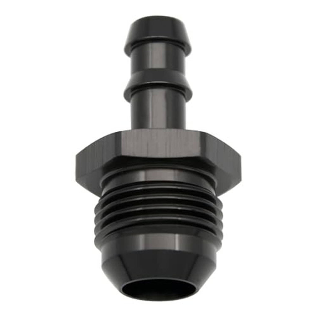 Black 10AN male to 3/8" push hose barb fitting, front view of threaded port